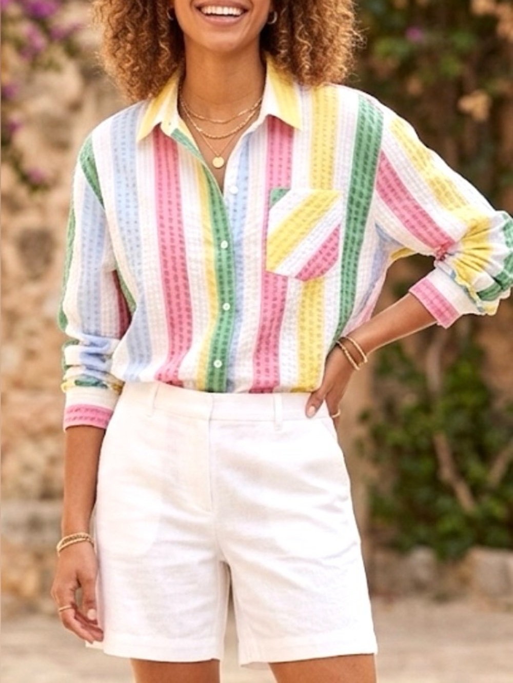 Crown & Ivy Striped Shirt Pink Blue Green Yellow White XL